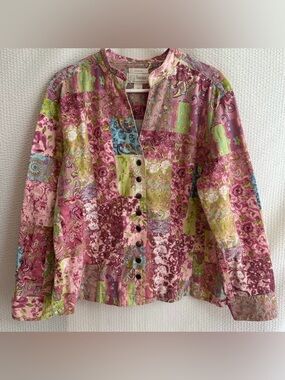 CJ Banks Women’s Floral Pink Yellow Patchwork Spring Denim Jacket Size: 1X